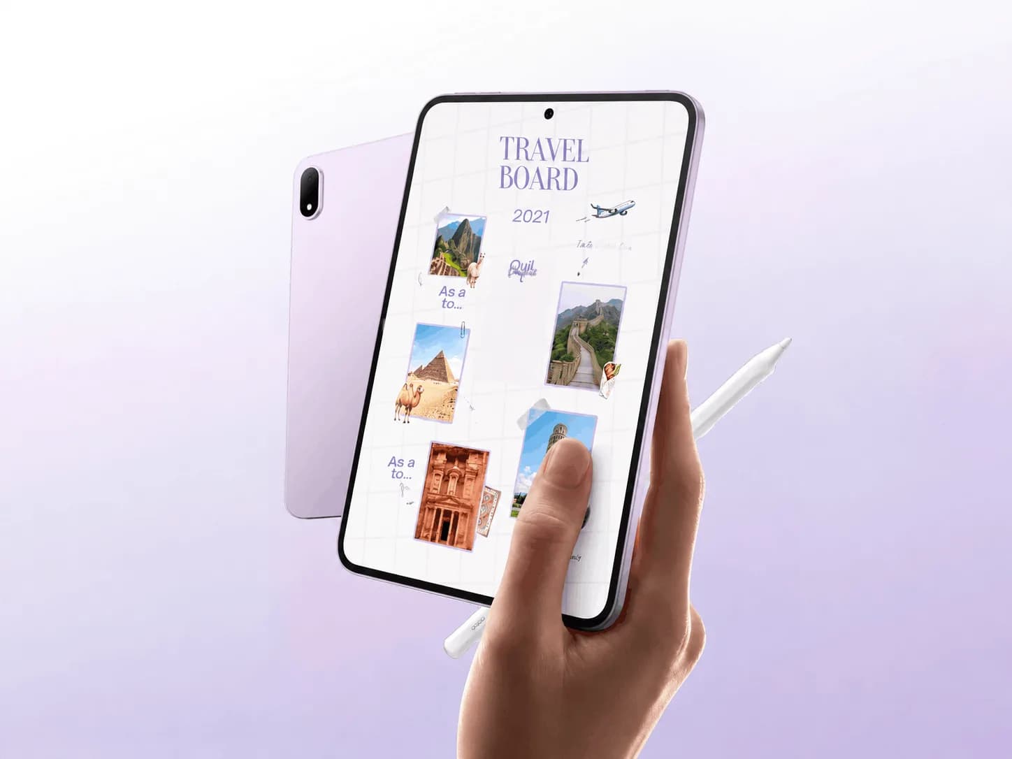 Oppo Pad Mini Matte Display Edition tablet in Lavender Purple shown with its stylus and smart case