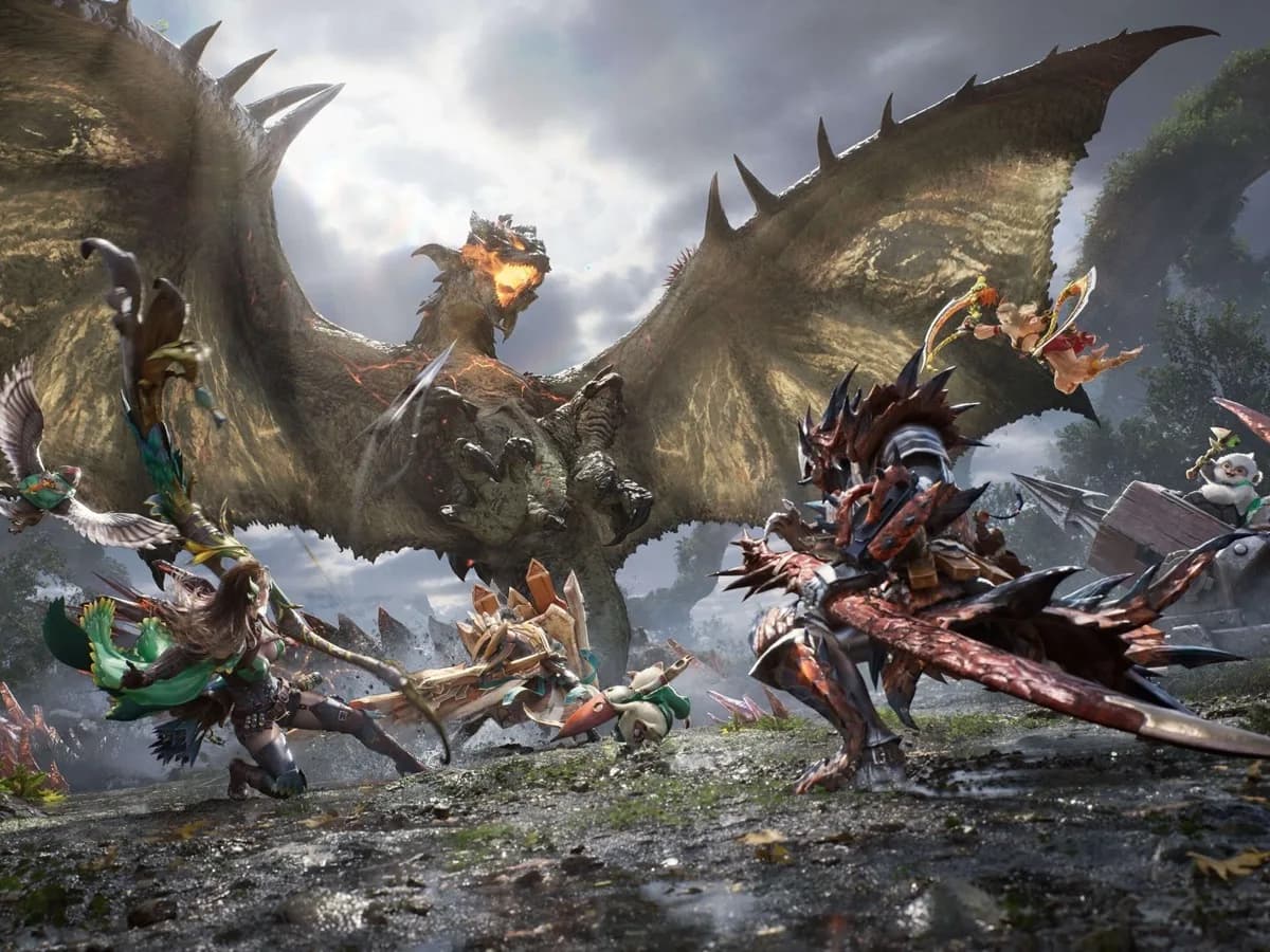 Promotional artwork for Monster Hunter Outlanders showing a hunter and Palico companion in an open-world biome