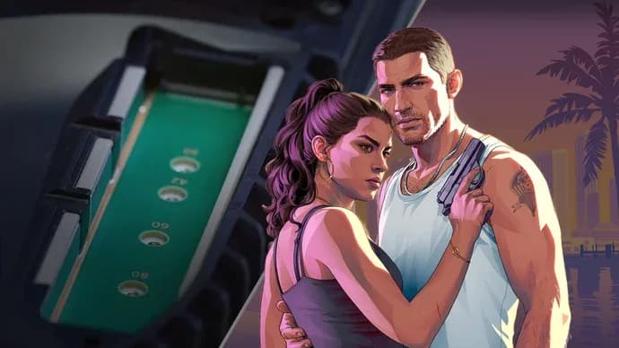 Grand Theft Auto 6 key art shown on a PlayStation 5 console screen