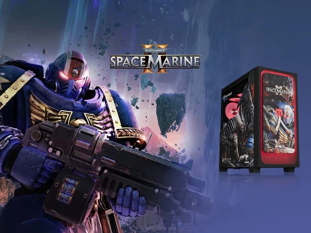 A Maingear MG-1 gaming desktop tower with Warhammer 40,000: Space Marine 2 branding alongside AMD Radeon logos