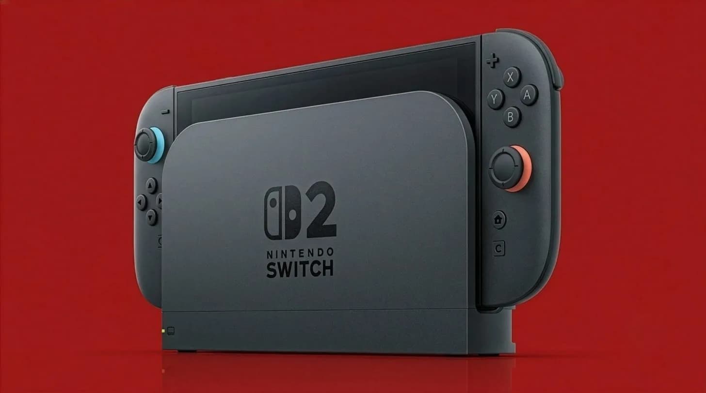 A Nintendo Switch 2 console on a table with Joy-Con controllers attached, screen showing a racing game.