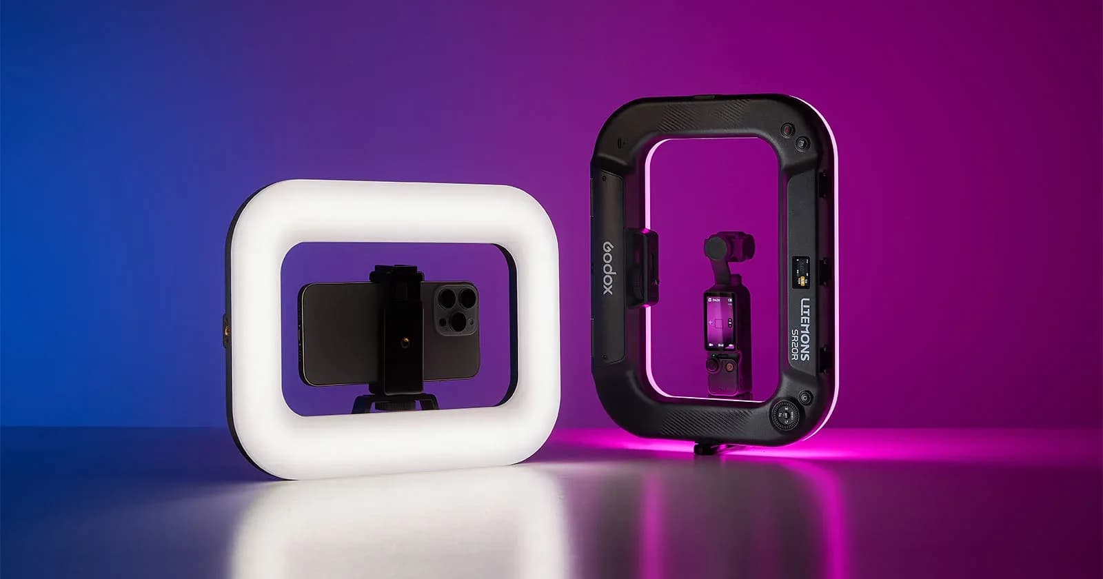 The Godox Litemons SR20R ring light mounted around a mobile camera setup.