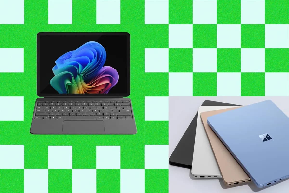 Microsoft Surface Laptop Ultra shown open on a desk alongside a Surface Laptop and Surface Pro tablet