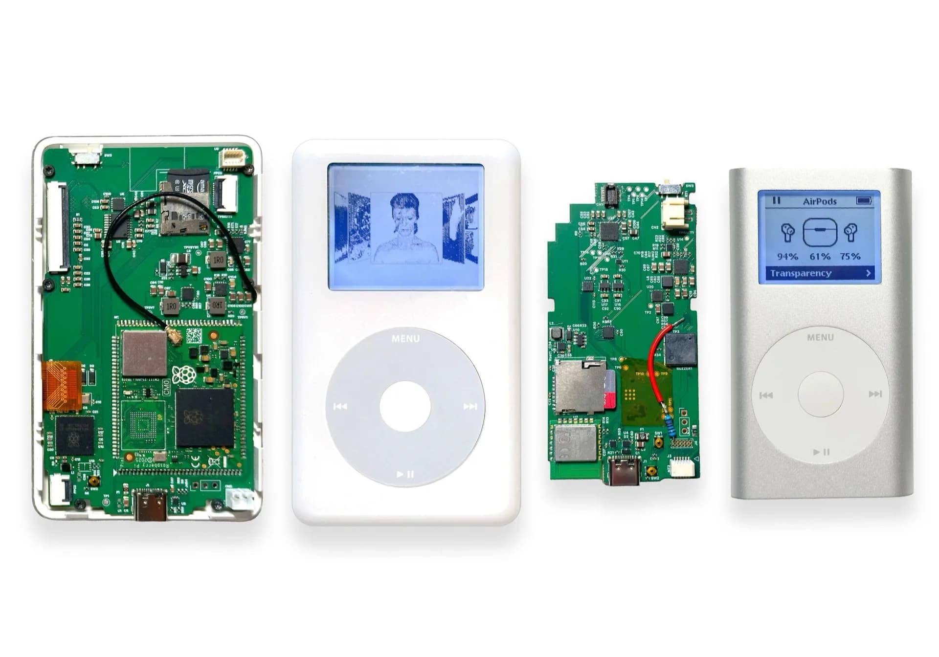 A disassembled classic Apple iPod showing its internal housing and click wheel alongside replacement circuitry