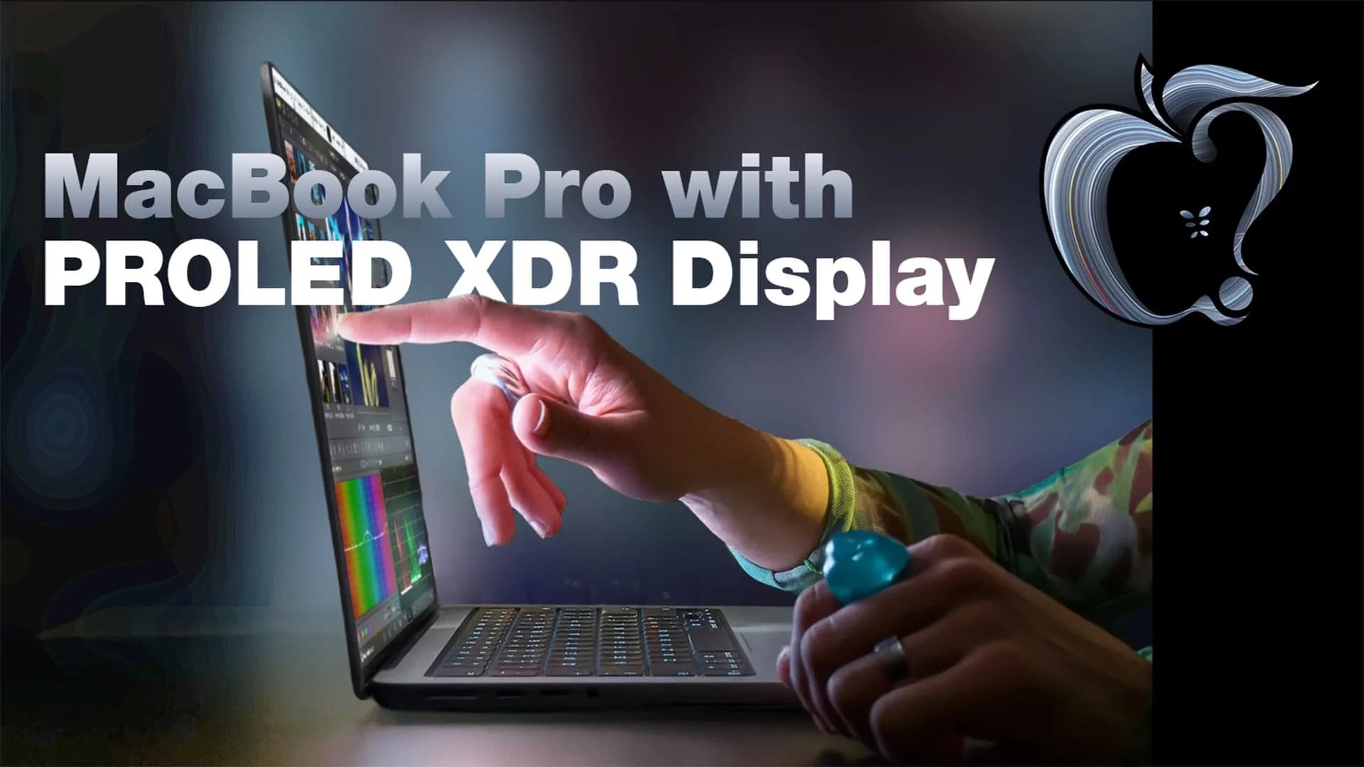 Apple's OLED MacBook Pro shown open, displaying its touchscreen and Dynamic Island cutout