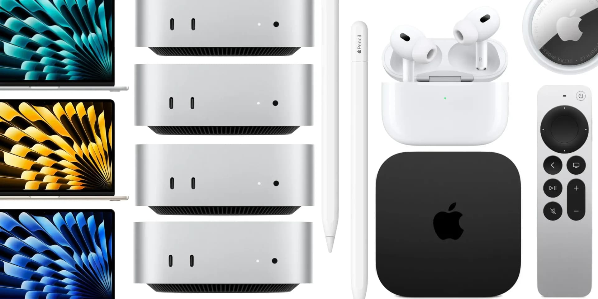AirPods Pro 3 earbuds and charging case shown next to an iPhone with other Apple accessories
