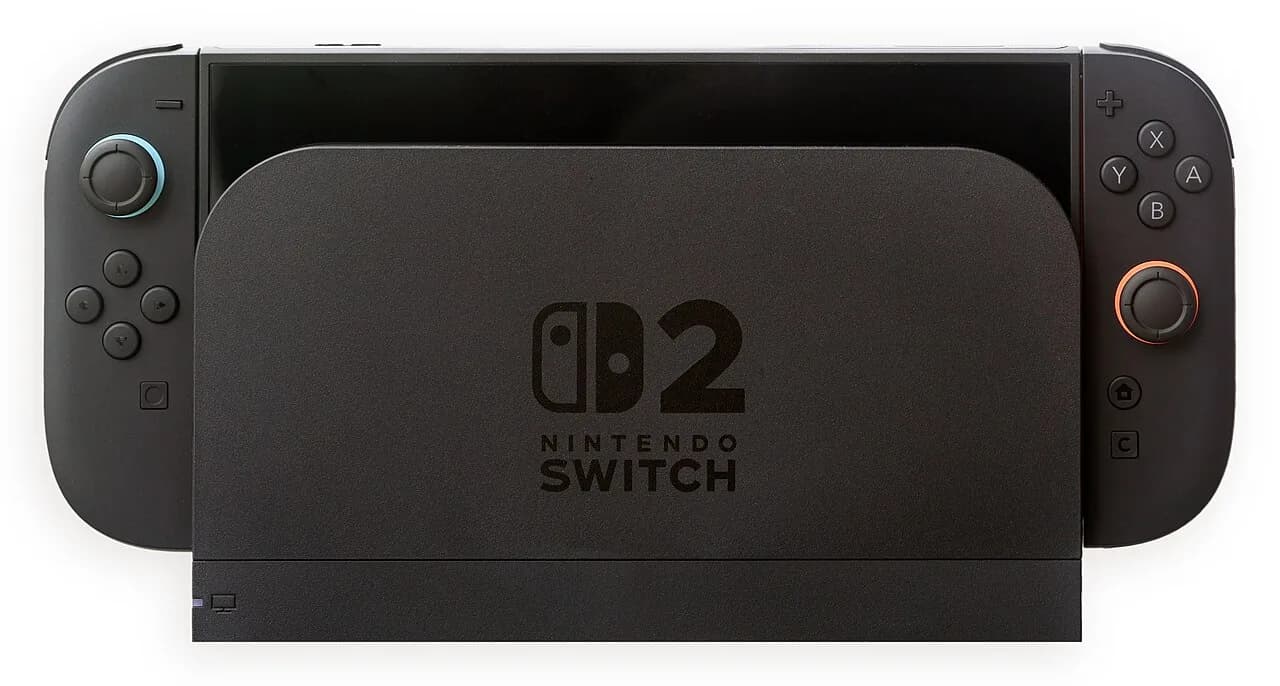 A Nintendo Switch 2 console sitting in its dock