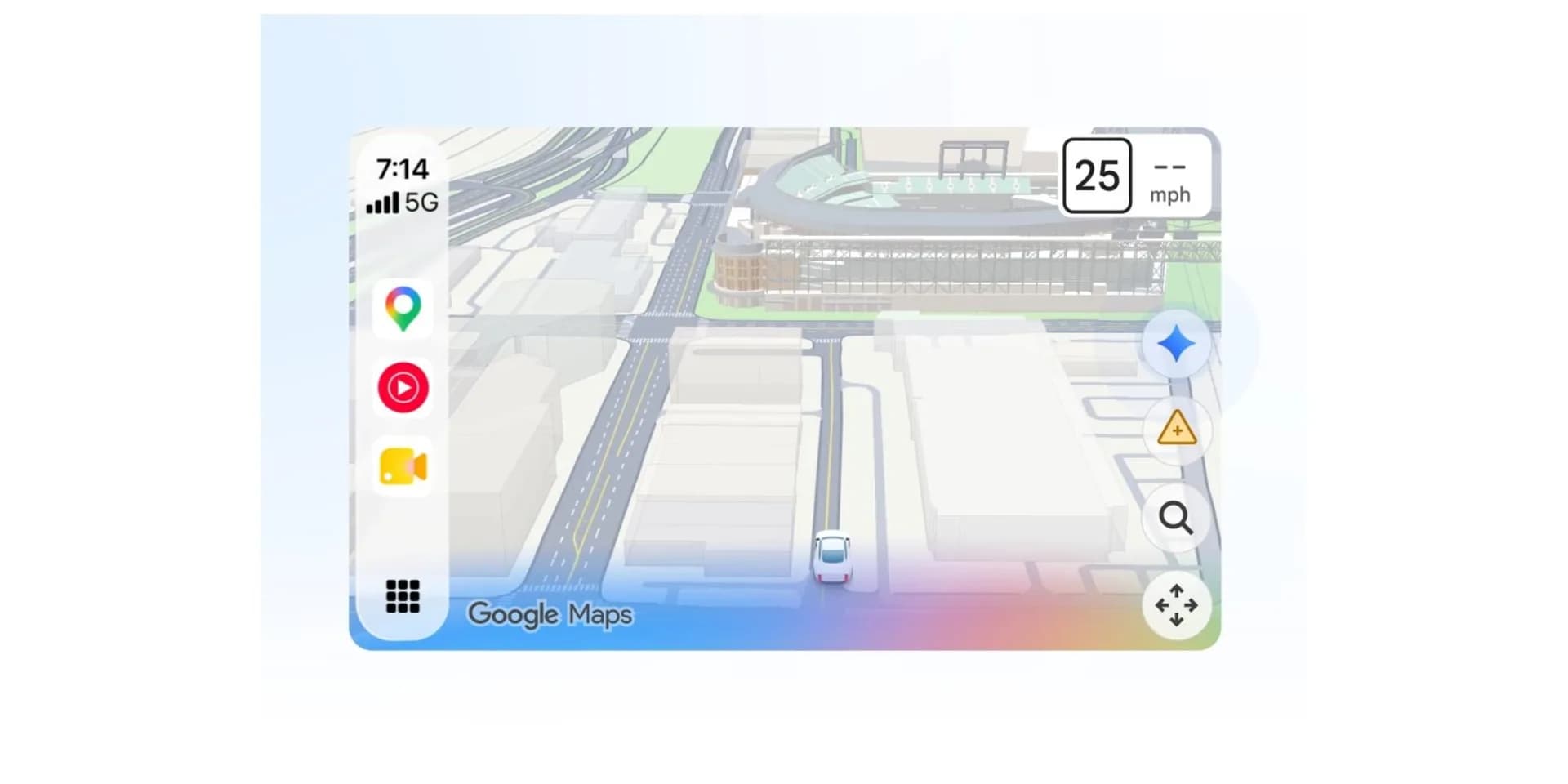 Google Maps navigation screen on Apple CarPlay showing a Gemini icon on the right edge of the display.