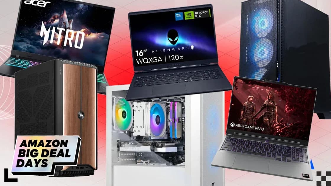A gaming desktop tower featuring illuminated RGB components and cooling fans sitting on a desk beside an open gaming laptop.