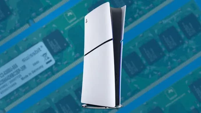 PlayStation 5 and Xbox Series X consoles standing on a retail display shelf.
