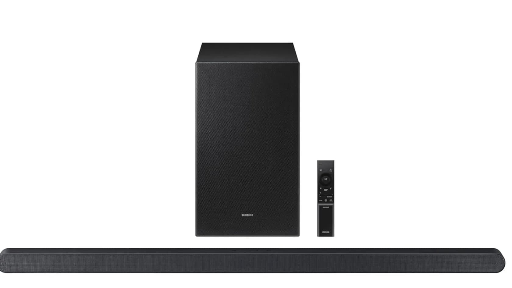 Samsung S700D slim soundbar positioned beneath a wall-mounted television with its wireless subwoofer nearby.
