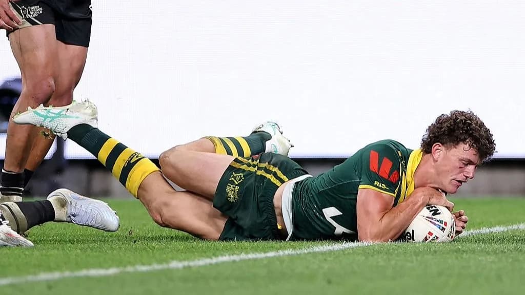 Rugby league players from Australia and Fiji competing during a Rugby League World Cup 2026 match