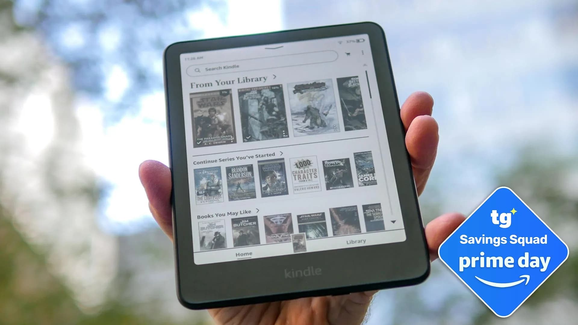 Amazon Kindle e-reader displaying digital book pages on an e-ink screen