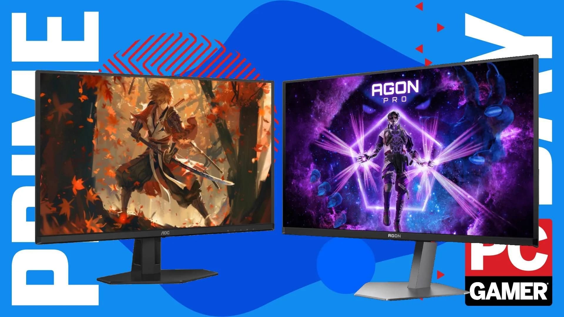 AOC Q27GADE and Agon Pro AG276QZD2 side by side on a desk, both 27-inch OLED monitors with thin bezels and RGB-lit stands