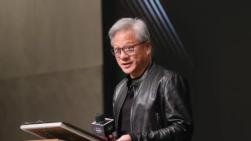 Nvidia chief executive Jensen Huang speaking on stage during a European business summit.