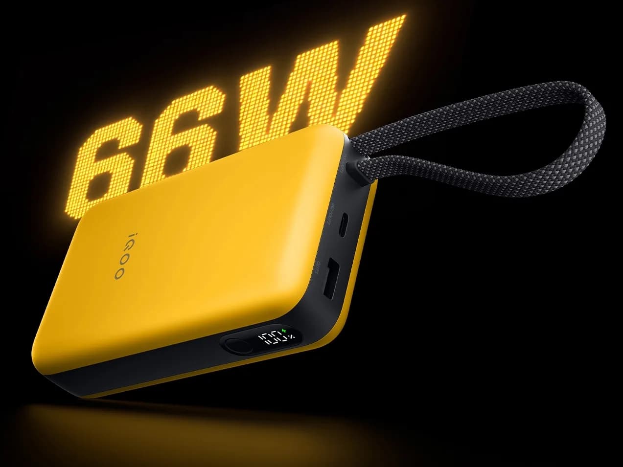 iQOO 20,000mAh power bank with built-in USB-C cable and small status display
