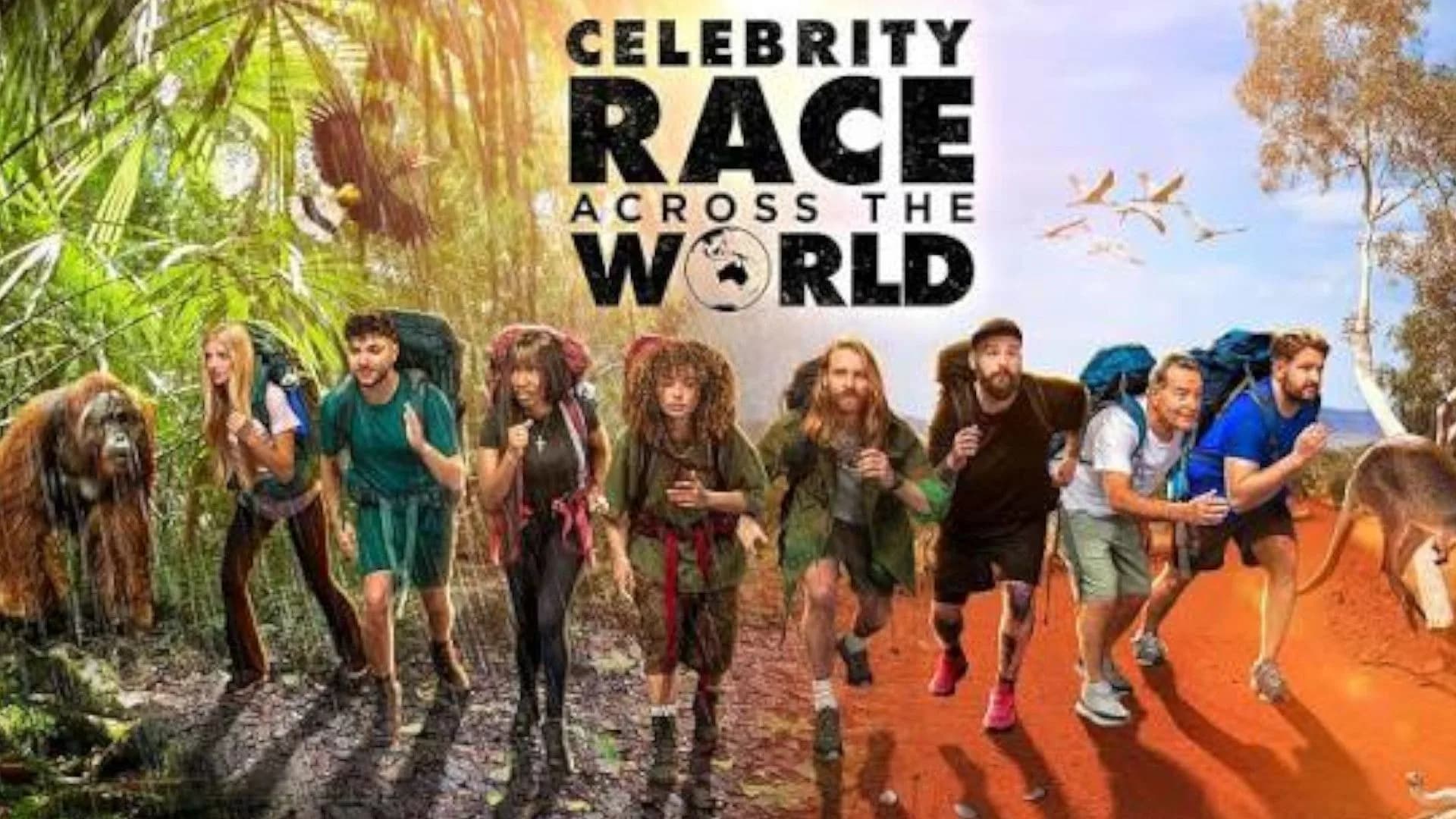Promotional image for Celebrity Race Across The World 2026 showing contestants on a travel route