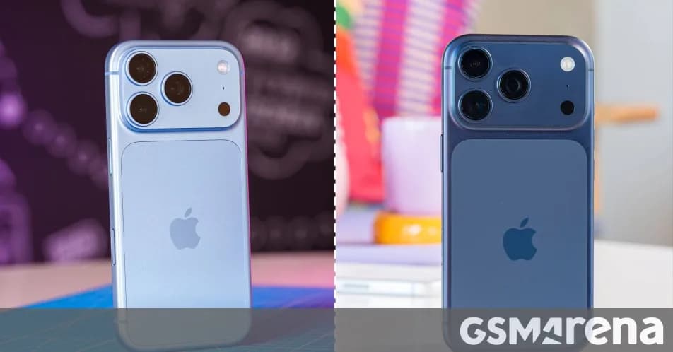 iPhone 18 Pro in Burgundy next to an iPhone 17 Pro in Cosmic Orange, front-facing, showing identical form factor and Dynamic Island layout
