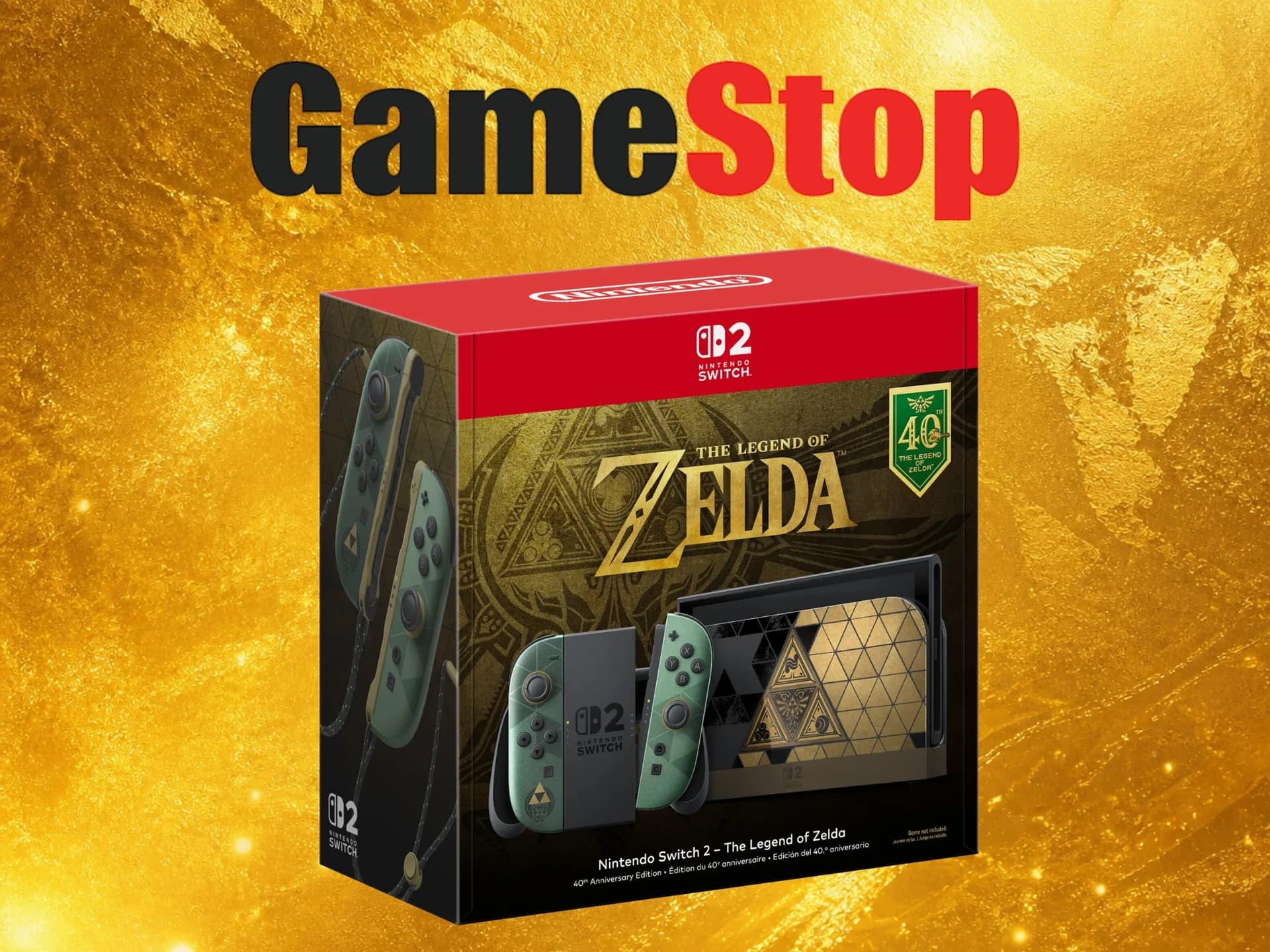 The Legend of Zelda 40th Anniversary edition Nintendo Switch 2 console and matching Pro Controller displayed together
