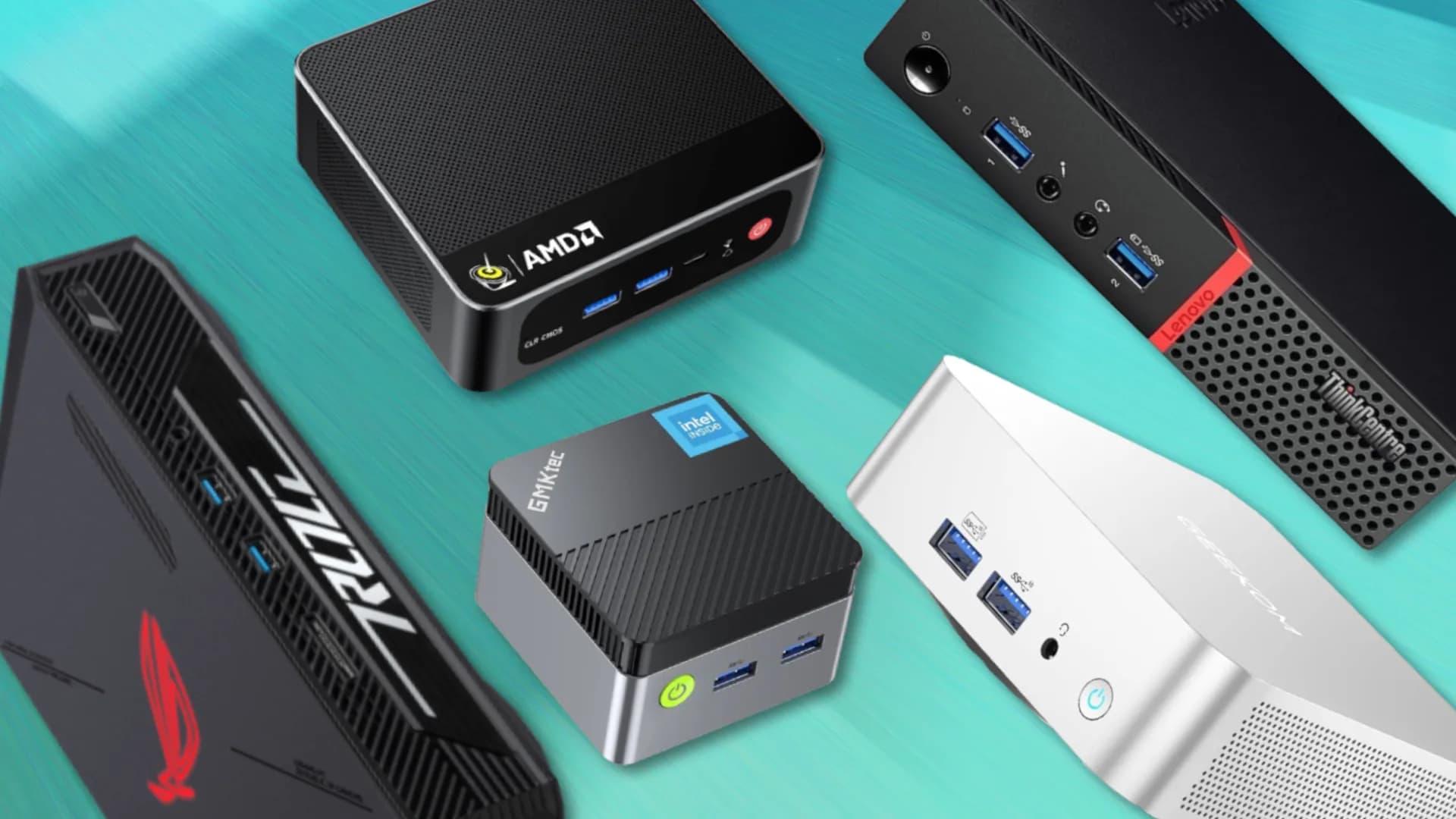 A row of compact mini PCs on a white desk, each connected to a monitor.