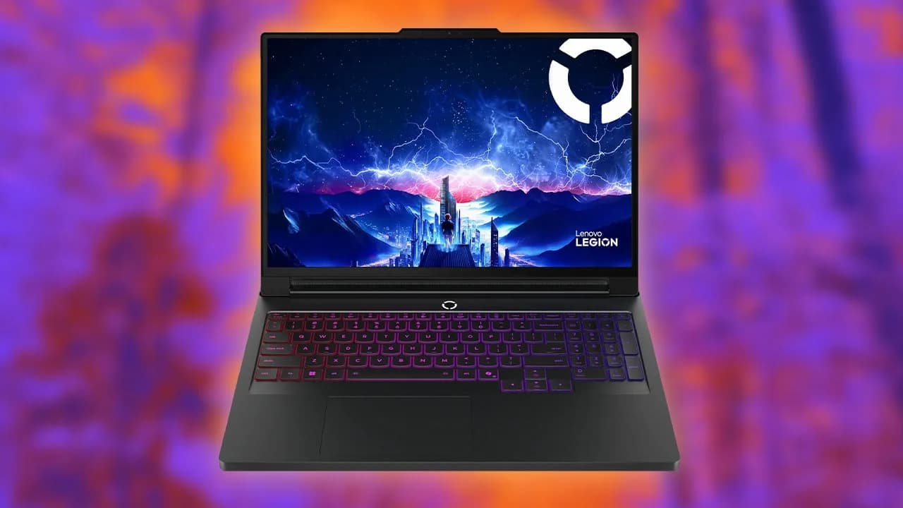 Lenovo Legion Pro 5 Gen 10 laptop open, showing black keyboard and OLED screen