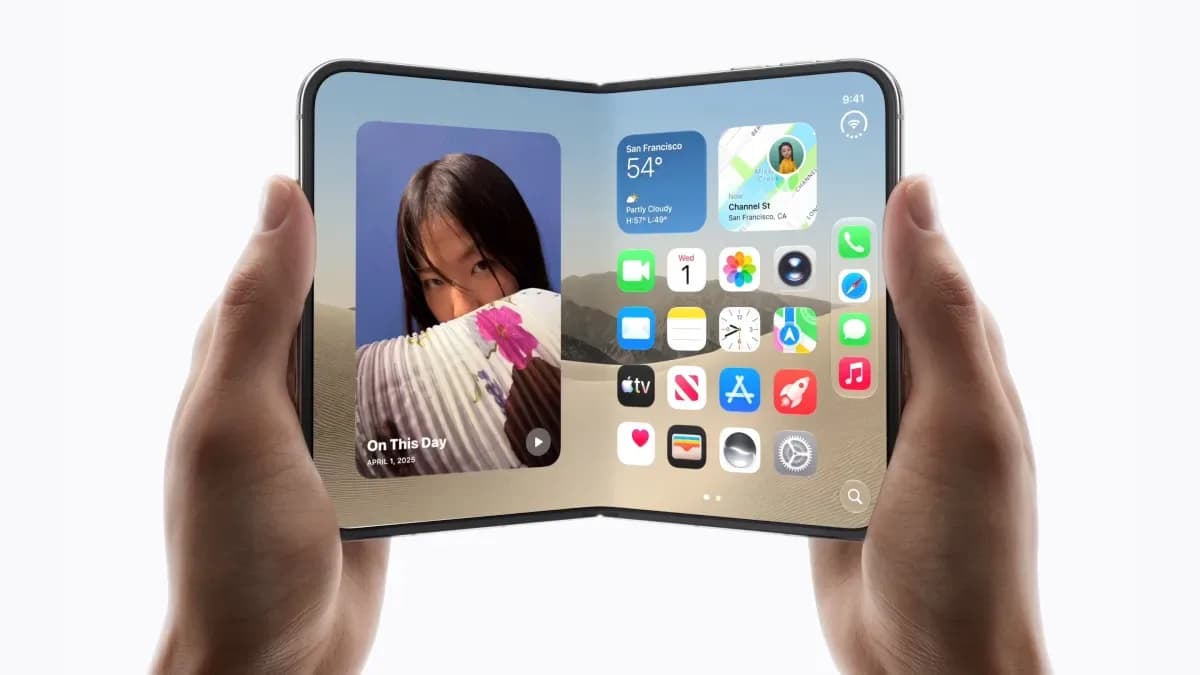 Apple iPhone Duo foldable phone shown partially open with app content visible on both screens